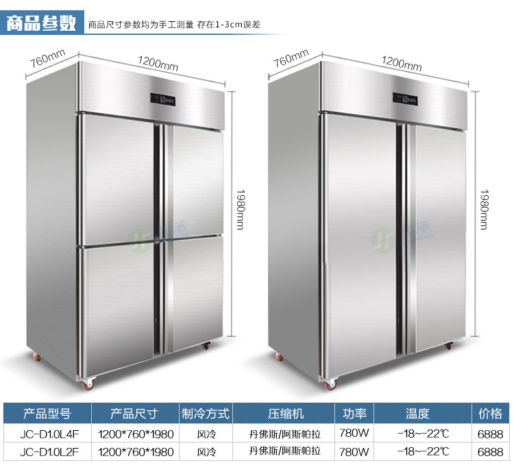 加承不銹鋼廚房冷凍柜 商用廚房冷柜 餐廳速凍柜四門立式冰柜風冷